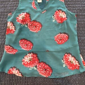 CAbi blouse, teal with coral flowers, size L, peplum top sleeveless